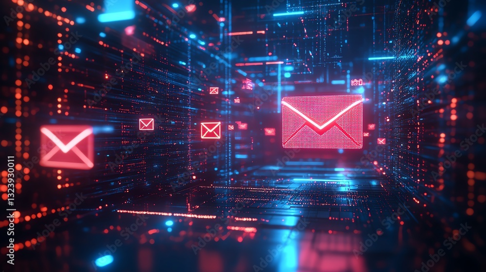 Poster Futuristic email icon made of glowing pixels, 3D rendering in cyberspace with digital effects, neon lights, and hightech data processing