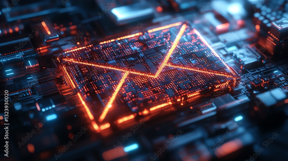 Aufkleber futuristic email icon made of glowing pixels, 3d rendering in cyberspace with digital effects, neon 