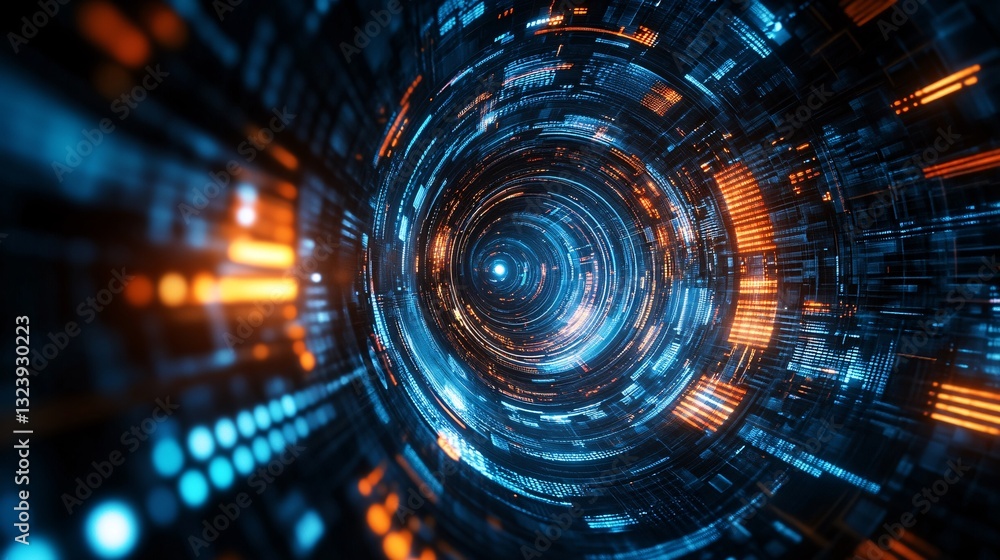 Poster digital information flows through futuristic tunnel at high speed