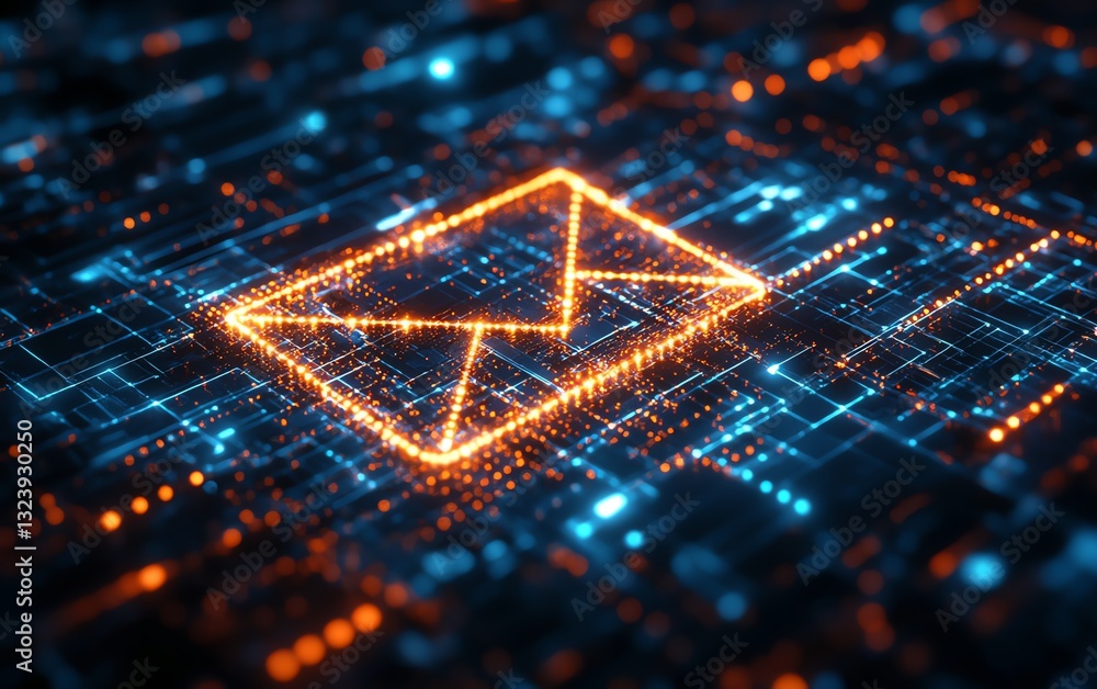 Aufkleber Futuristic glowing email icon in cyberspace, formed with dynamic pixels, digital networks, and 3D rendering showcasing advanced technology