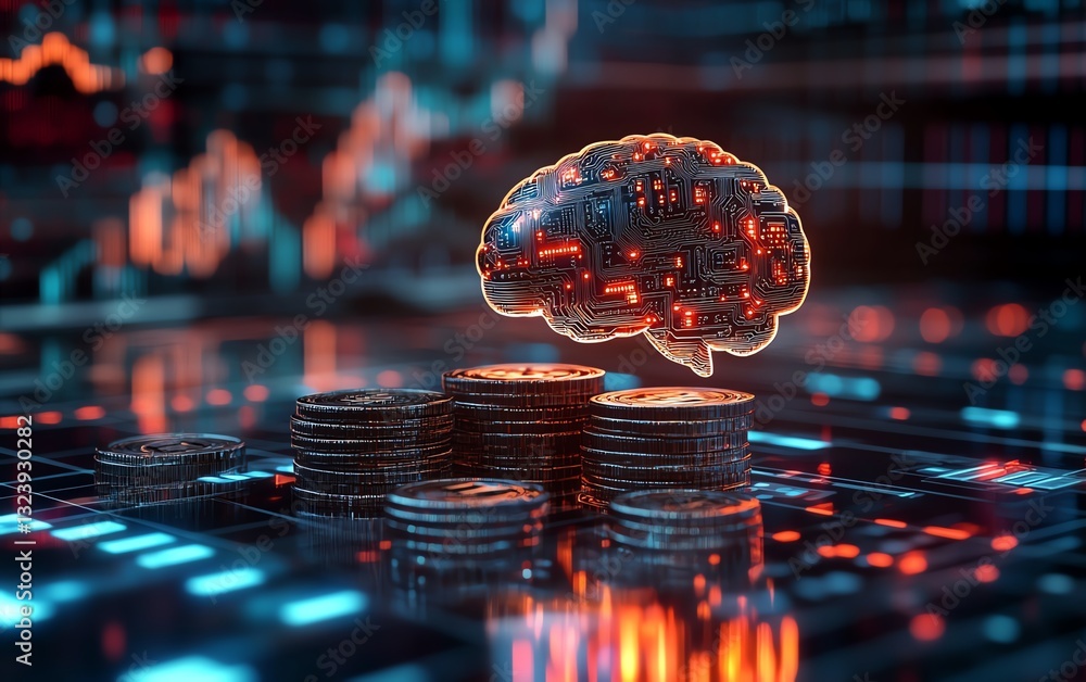 Poster Glowing brain symbolizing AI in finance, sitting atop stacked coins, with digital graphs and futuristic financial technologies in a sleek environment