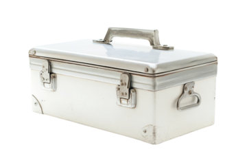 A vintage metal toolbox resting on a clean surface, perfect for storage and organization at home isolated on transparent background