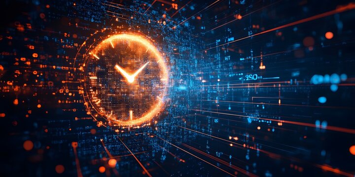 time travel concept with digital clock surrounded by digital lines and lights.