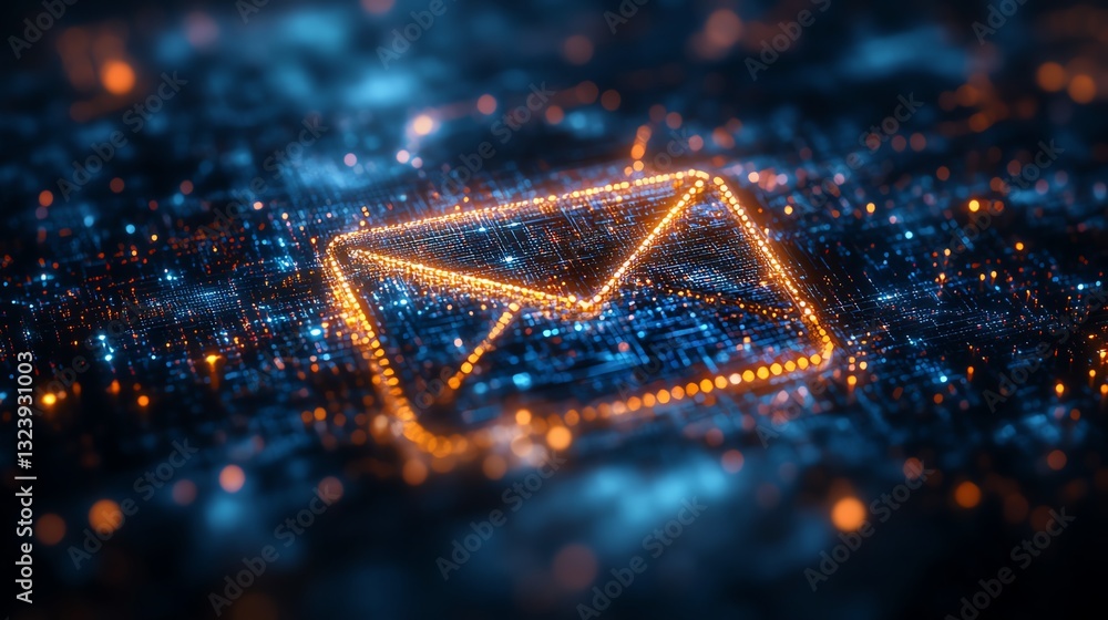 Poster 3D rendered futuristic email icon composed of glowing pixels in cyberspace, surrounded by virtual data streams and hightech digital elements