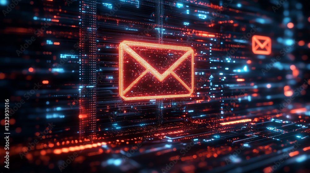 Poster 3d rendered futuristic email icon composed of glowing pixels in cyberspace, surrounded by virtual da