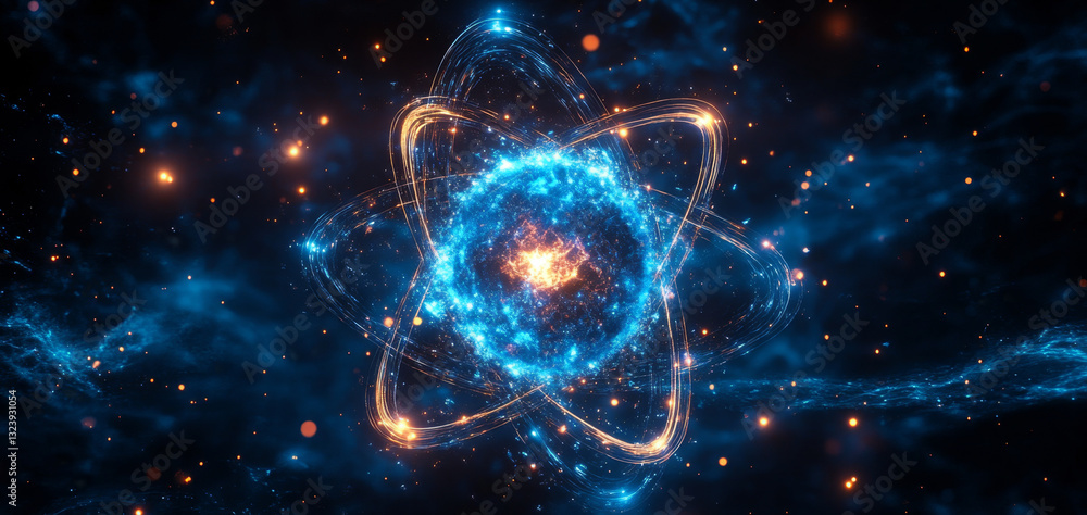 Poster Concepts of quantum physics are visualized through an artistic depiction of an atom. This illustration highlights qubits, entanglement, and the essence of superposition in a colorful backdrop.