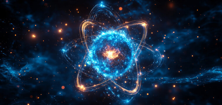 Concepts of quantum physics are visualized through an artistic depiction of an atom. This illustration highlights qubits, entanglement, and the essence of superposition in a colorful backdrop.