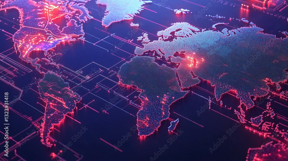 Aufkleber World map showing global connections and data flowing through digital networks