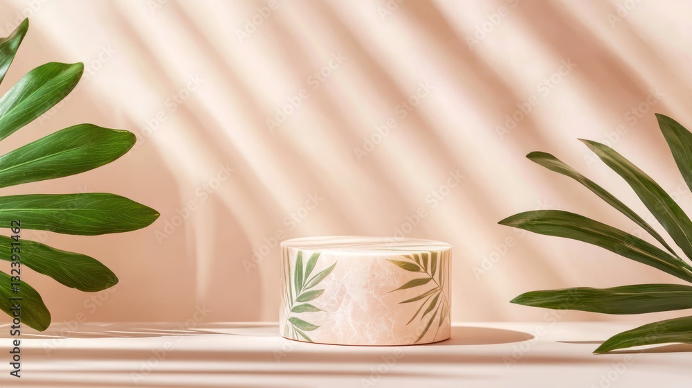 Poster elegant product display platform with tropical leaf patterns and soft lighting