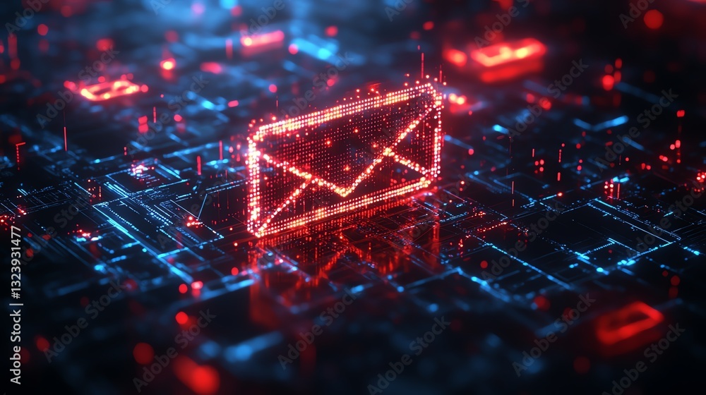 Aufkleber 3d rendering of futuristic digital email icon in cyberspace, made from glowing pixels, interconnecte