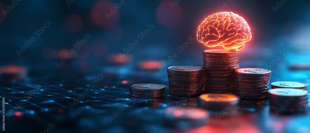 Poster aidriven finance concept with glowing brain on top of stacked coins, showcasing digital transformati