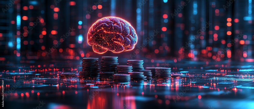 Poster aidriven finance concept with glowing brain on top of stacked coins, showcasing digital transformati