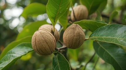 Obraz premium Nutmeg is the seed or ground spice of several species of the genus Myristica. The most notable is Myristica fragrans, an evergreen tree indigenous to the Moluccas (or Spice Islands) of Indonesia. 