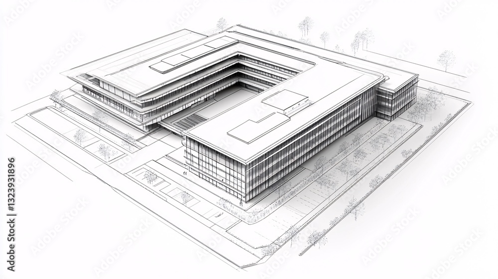 Poster modern office building project showing architectural drawing with landscaping