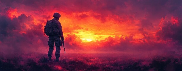 Soldier Silhouette at Sunset with Union Jack - Patriotism, Honor, Remembrance, Sacrifice, and Bravery