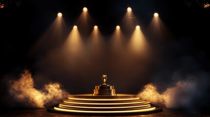 Golden award trophy on illuminated stage with dramatic spot lighting display