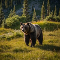 Fototapeta premium A bear and her cubs wandering through a sun-drenched meadow in Glacier National Park.