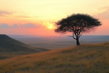 A solitary tree stands against a vibrant sunset, casting a serene silhouette over a vast, open landscape.
