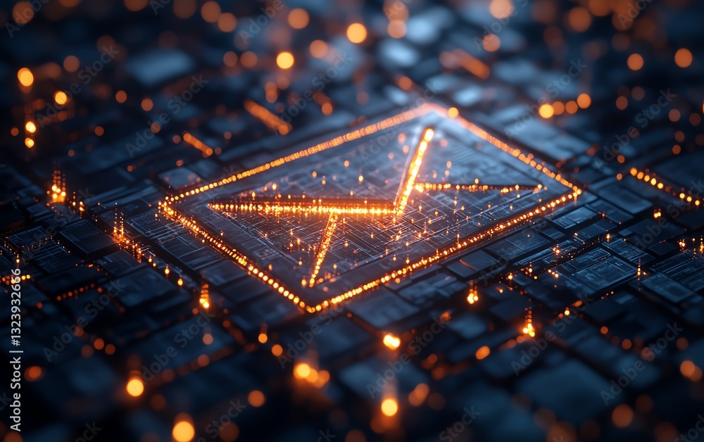 Poster digital email icon glowing in cyberspace, formed by pixels, 3d rendering with neon lights, futuristi