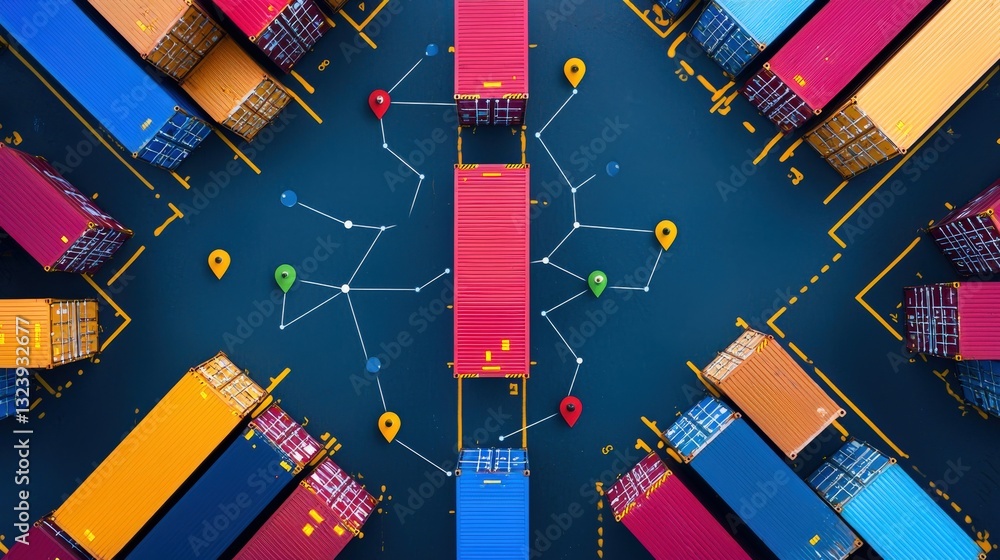 Poster a container yard filled with bright containers and digital pins, representing global trade and logis