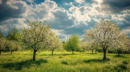 Fototapeta premium Blossoming Apple Trees in a Vibrant Meadow Under a Dramatic Sky Highlighting the Splendor of Spring and the Beauty of Nature's Seasonal Transformation