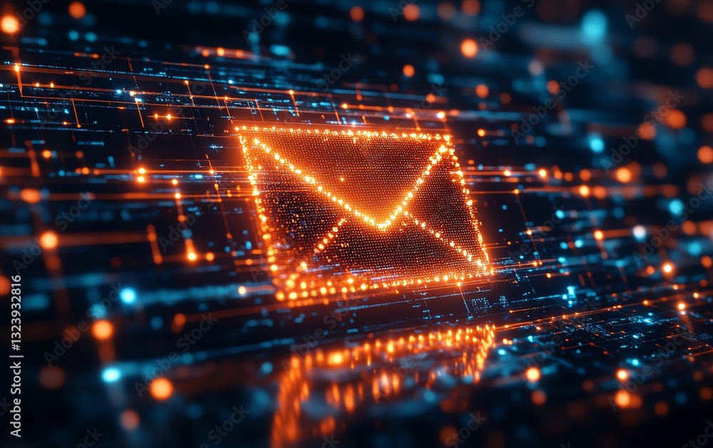 Poster digital email icon in cyberspace, made of glowing pixels, 3d rendering with glowing lines and cybern