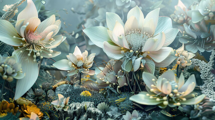 A surreal blend of mechanical flowers and natural elements, highlighting the intersection of technology and nature.