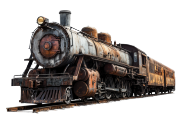 Weathered steam locomotive resting on tracks in a forgotten rail yard under a clear blue sky isolated on transparent background