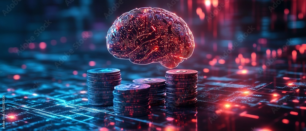 Poster futuristic aipowered finance with glowing brain above stacks of coins, connected to digital networks