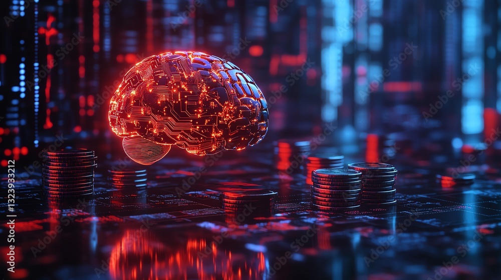 Leinwandbilder Futuristic artificial intelligence concept in finance with glowing brain over stacked coins, digital data flowing in a hightech financial environment