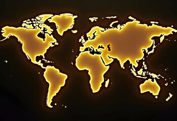 A world map, highlighted in a warm golden-yellow hue, stands out against a dark, almost black background. The continents are clearly delineated by the golden outline, creating a luminous effect. 