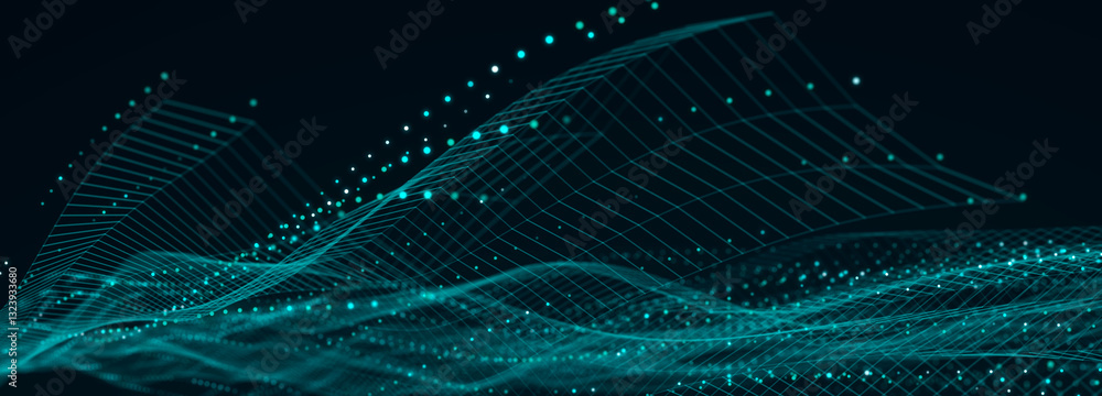 Fototapete Abstract flow of luminous particles on dark background. Movement of colored dots. Big data. 3D rendering. Widescreen	