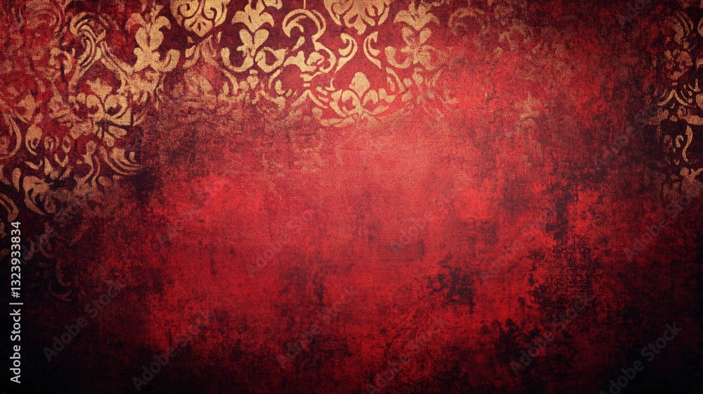 Aufkleber red grunge background with golden floral damask elements creating a vintage design