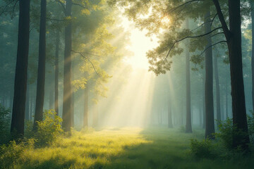 Obraz premium Golden Rays Through the Woodland Canopy