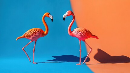 Obraz premium Two flamingo toys on a vibrant orange and blue background, radiating joy and optimism. 