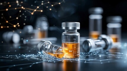 Glass vials with amber liquid, digital network background, medical technology, healthcare innovation, scientific research setting