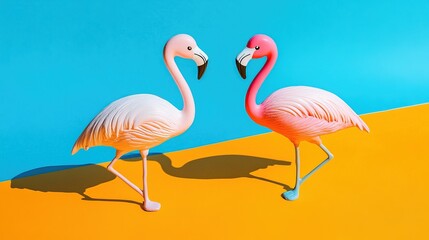 Obraz premium Two flamingo toys on a vibrant orange and blue background, radiating joy and optimism. 