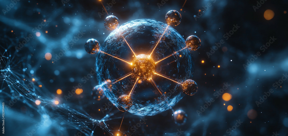 Poster Visual representation of quantum computing concepts showcasing qubits, superposition, and entanglement. The design highlights the network of entangled particles and their interactions.