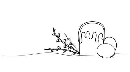 continuous line drawing of willow branch and easter cake with eggs.