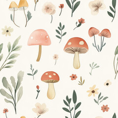 illustration of cute forest elements, including florals and mushrooms, in pastel colors with simple shapes on a light pastel coloured background.16
