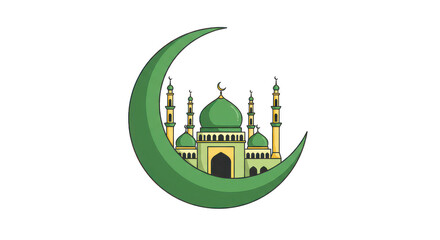 Obraz premium Stylized mosque illustration framed by a green crescent moon on a white background