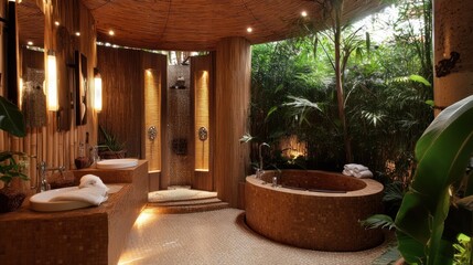 Fototapeta premium Luxurious, biophilic bathroom with natural materials