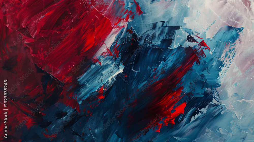 Poster an emotional abstract expressionist artwork featuring dynamic strokes of vibrant red and cool blue o