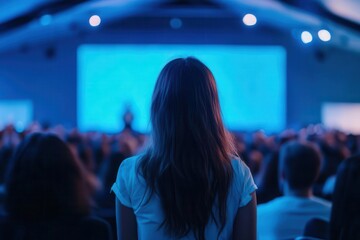diverse business conference audience viewed from behind, facing a charismatic female speaker on stage with dynamic presentation slides, modern venue with blue lighting accents