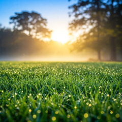 Morning landscape with dew on green grass lawn and rising sun. Freshness of morning, awakening of nature. The lush blades of grass fill frame. Lawn for training football pitch, Grass Golf Courses.