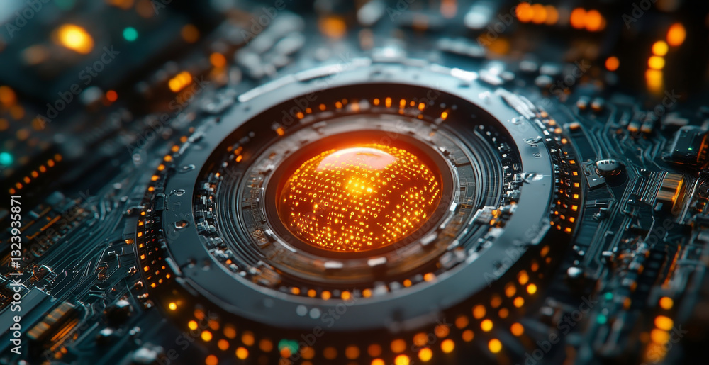 Poster A detailed view of a quantum computing device illustrates intricate circuits and glowing elements.