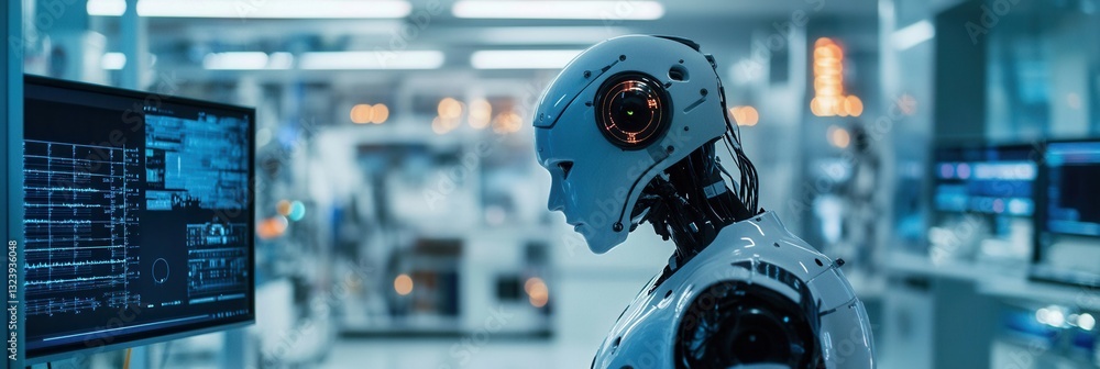 Fototapete robot in a high-tech laboratory engaged in data analysis with blinking lights and multiple computer 