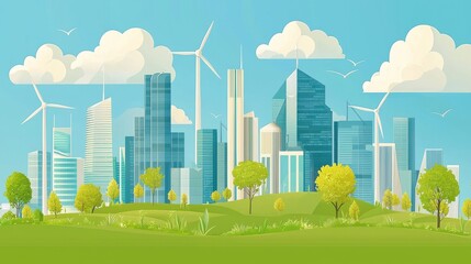 Sustainable Cityscape with Renewable Energy Skyscrapers and Wind Turbines in Serene Green Landscape  Modern urban architecture corporate offices and environmental technology in a clean minimal