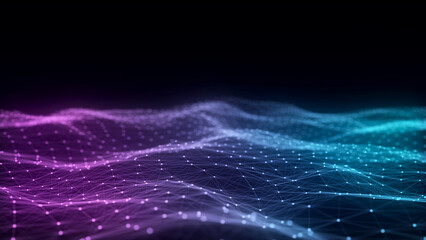 Color abstract wave background with dots and lines moving in space. Technology illustration. Futuristic modern dynamic wave. 3d rendering.