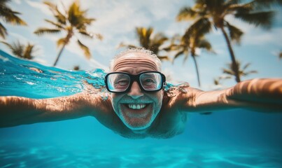 Naklejka premium Joyful moments of an elder swimming underwater in a sunny pool surrounded by palm trees